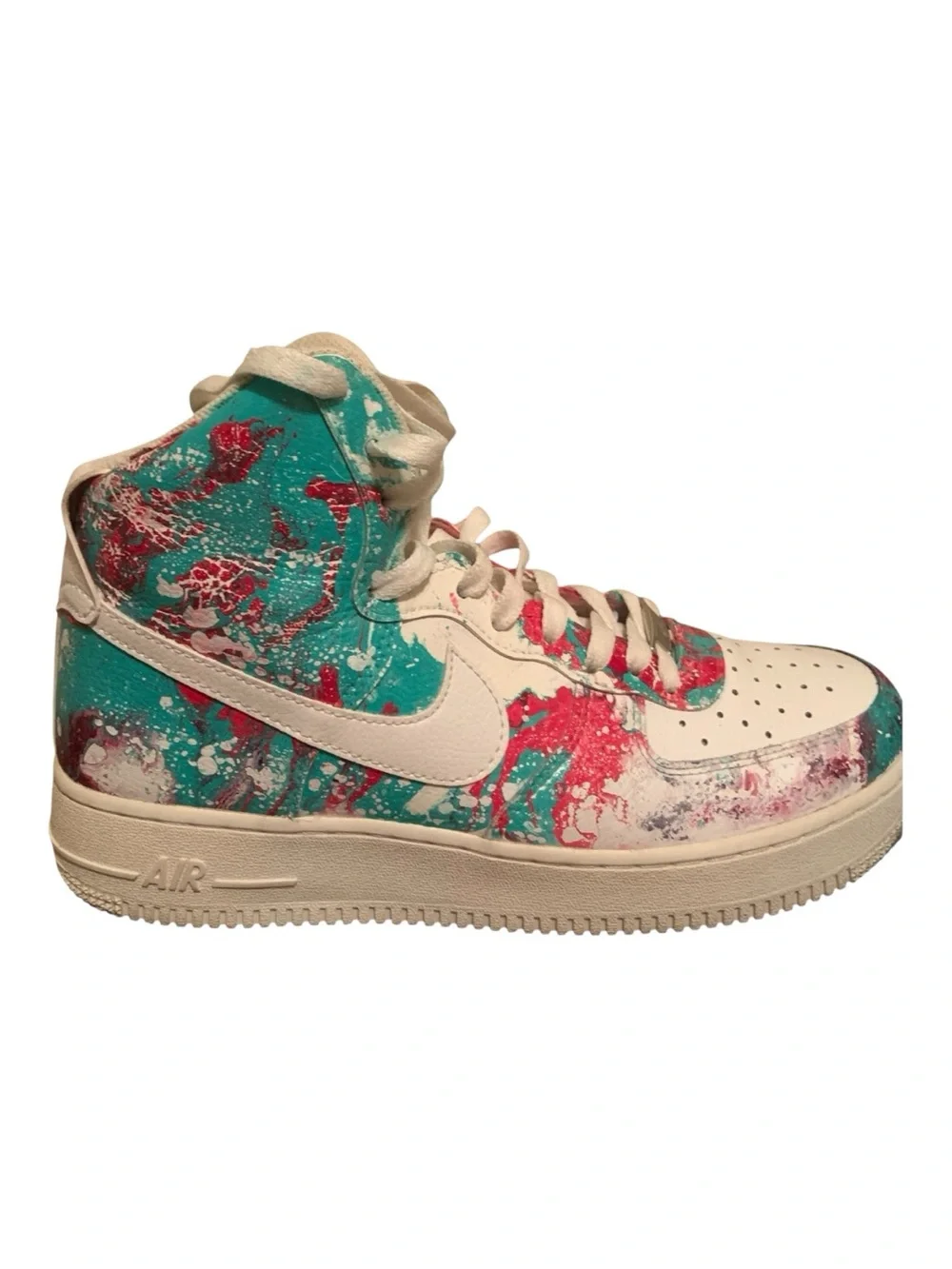 Nike Air Force 1 High Top Sneakers - Teal & Pink Paint Splatter custom dipped